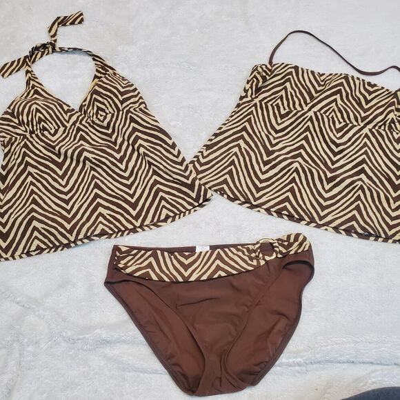 Talbots Brown Zebra Animal Stripe Tankini Halter Bikini Bottoms Swim Suit Set 10 - Picture 1 of 13
